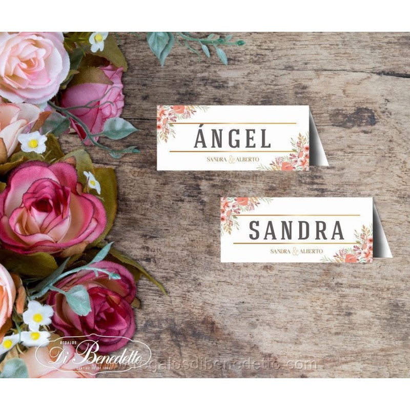 Marca sitio con nombre del invitado para mesa banquete de boda diseño Primavera