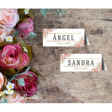Marca sitio con nombre del invitado para mesa banquete de boda diseño Primavera