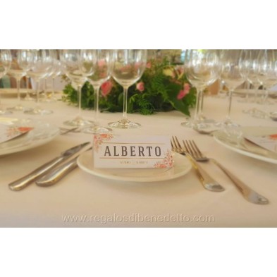 Marca sitio con nombre del invitado para mesa banquete de boda diseño Primavera