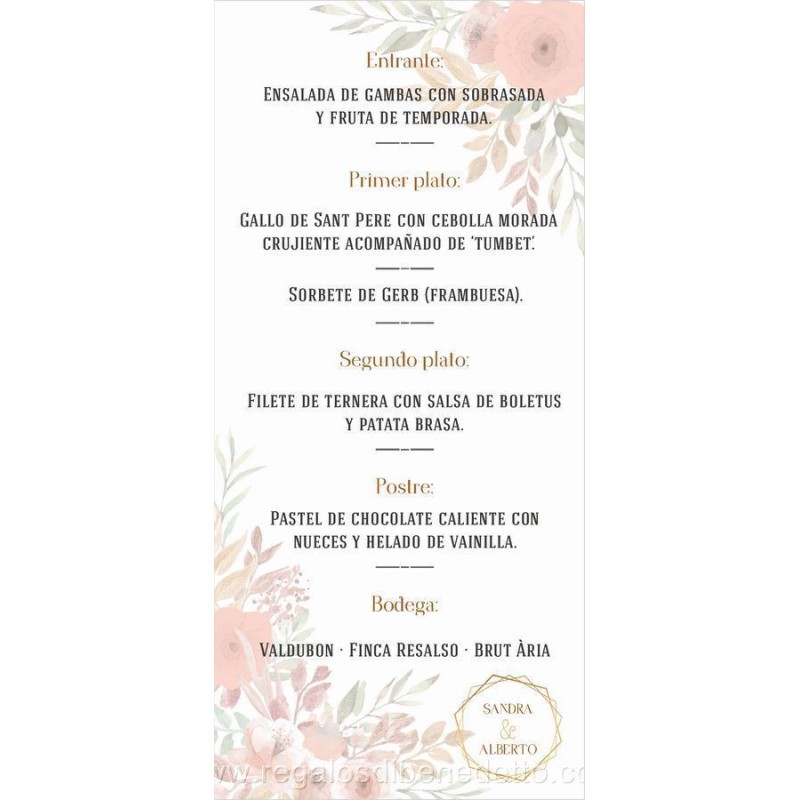 Menú minuta de boda diseño Primavera