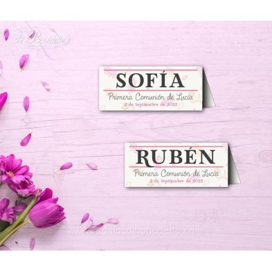 Marca sitio con nombre del invitado para banquete de comunión niño vestido volantes 7724