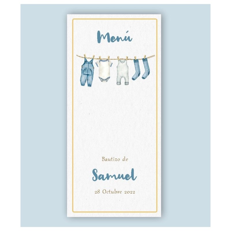 Menú minuta de bebé ropita azul