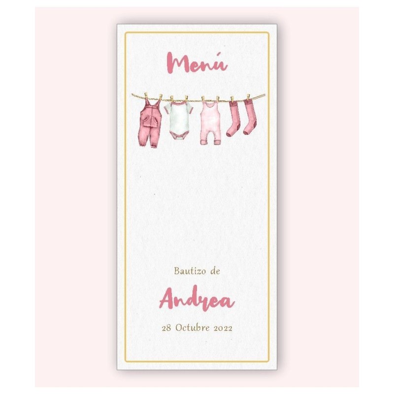 Menú minuta de bebé ropita rosa