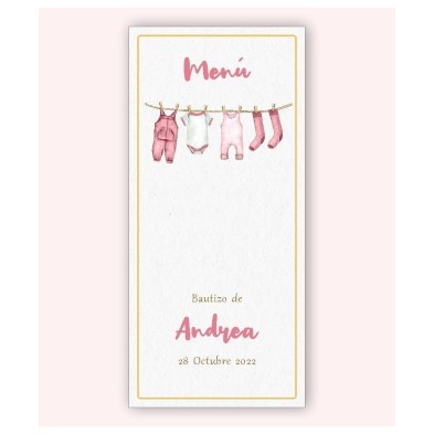 Menú minuta de bebé ropita rosa