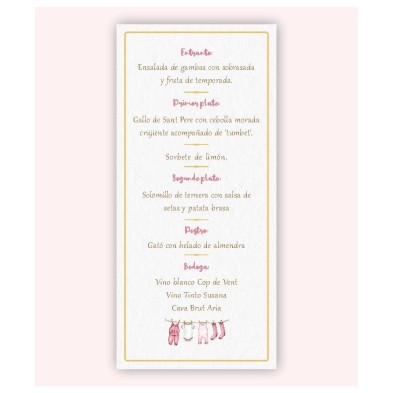 Menú minuta de bebé ropita rosa