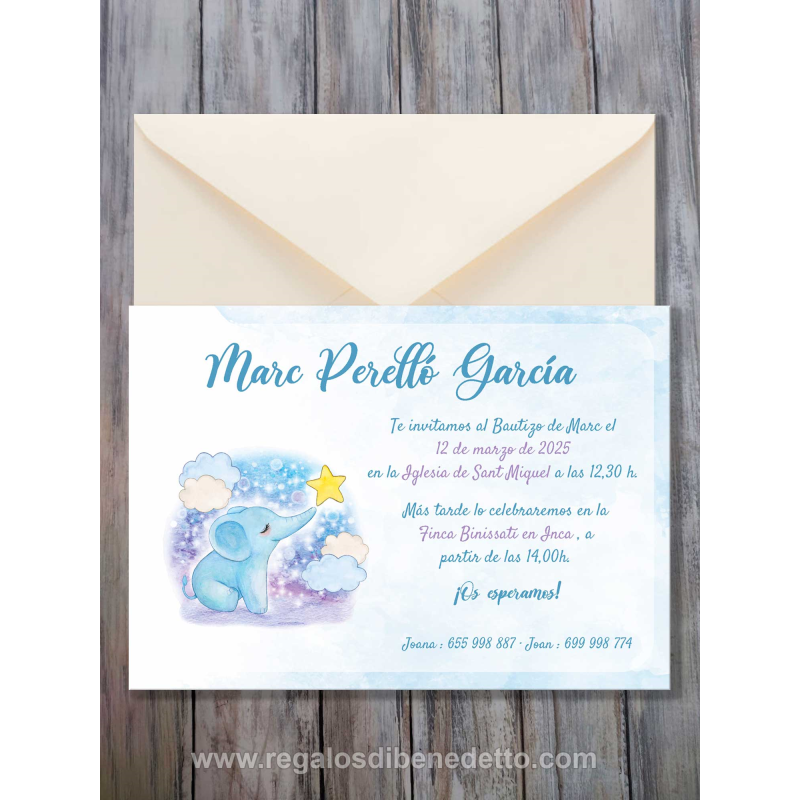 Invitación bautizo elefante azul