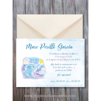 Invitación bautizo elefante azul