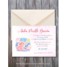 Invitación bautizo elefante rosa