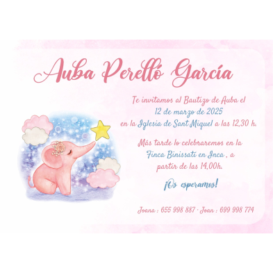 Invitación bautizo elefante rosa