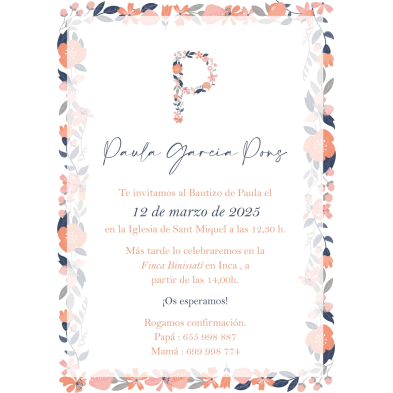 Invitación bautizo inicial flores salmón
