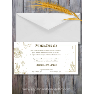 Invitación de Primera Comunión clásica dorada
