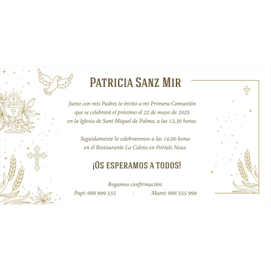 Invitación de Primera Comunión clásica dorada