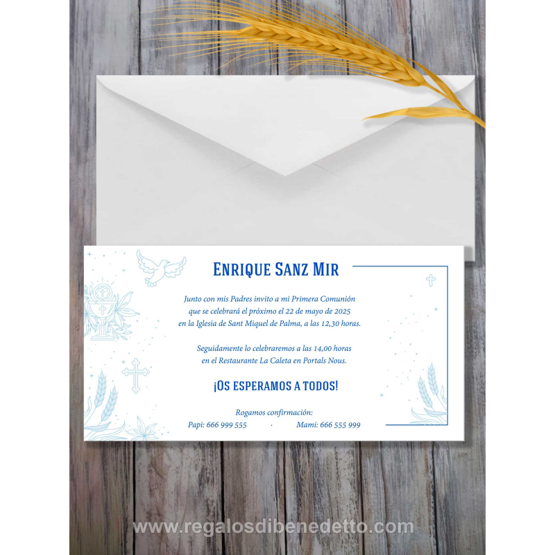 Invitación de Primera Comunión clásica azul