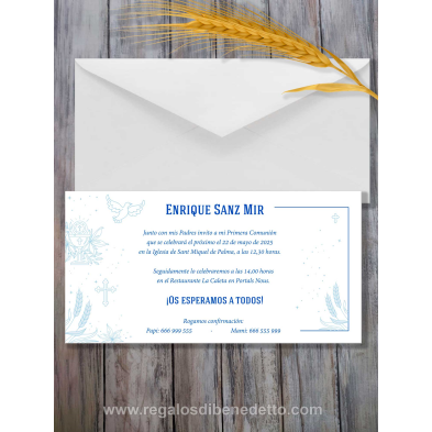 Invitación de Primera Comunión clásica azul