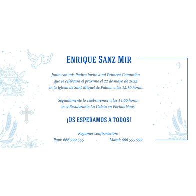 Invitación de Primera Comunión clásica azul