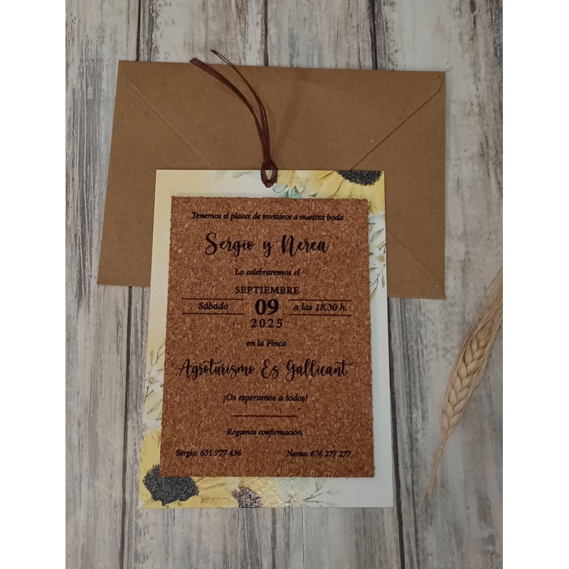 Invitación de boda corcho girasoles