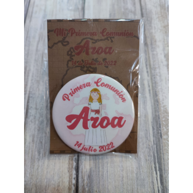 Chapa imán abridor de Comunión Niña rosa en la mano