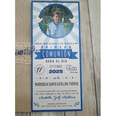 Invitación Primera Comunión foto sobre arpillera 