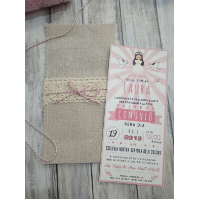 Invitación Primera Comunión niña arpillera y encaje