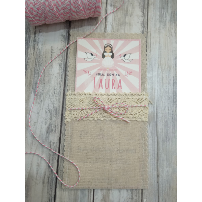 Invitación Primera Comunión niña arpillera y encaje