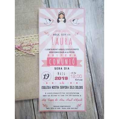 Invitación Primera Comunión niña arpillera y encaje