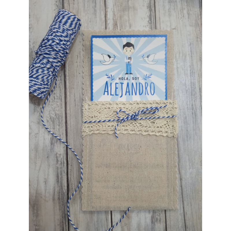 Invitación Primera Comunión niño arpillera y encaje