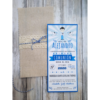 Invitación Primera Comunión niño arpillera y encaje