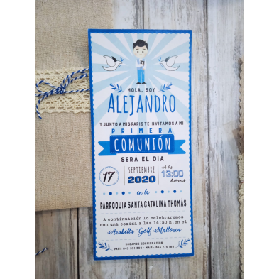 Invitación Primera Comunión niño arpillera y encaje