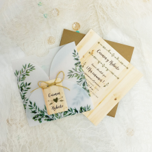 Invitación de boda papel vegetal hojas verdes