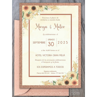 Invitación de boda corcho girasoles