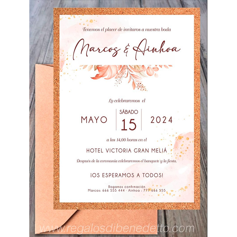 Invitación de boda corcho hojas