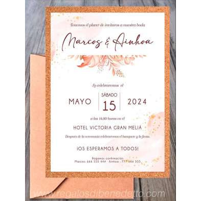 Invitación de boda corcho hojas