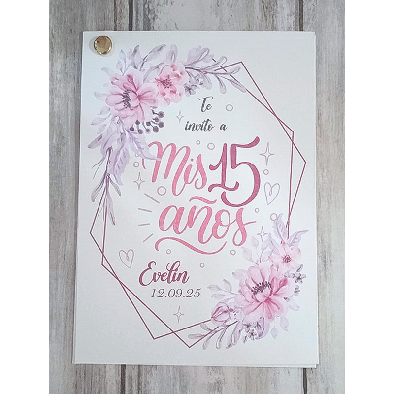 Invitación 15 años flores rosa y lila