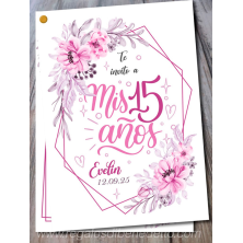 Invitación 15 años flores rosa y lila