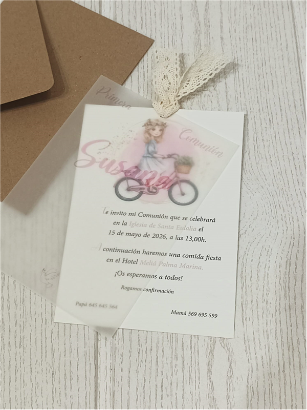 Invitación niña bicicleta primera Comunión 