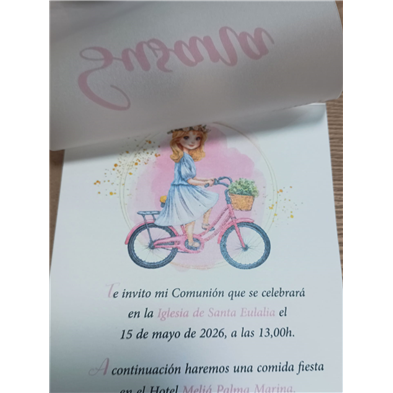 Invitación niña bicicleta primera Comunión 