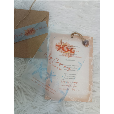 Invitación de boda estrellas de mar papel vegetal 
