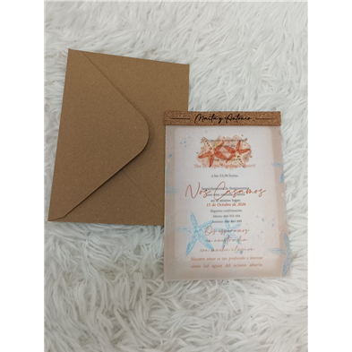 Invitación de boda estrellas de mar papel vegetal con corcho