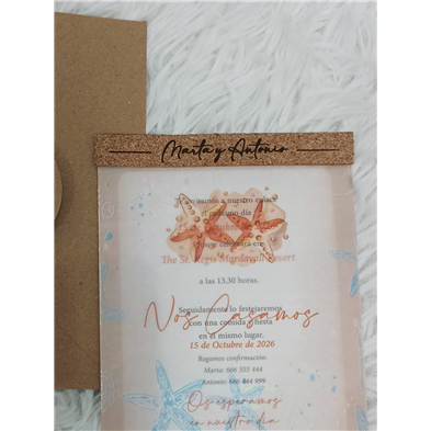 Invitación de boda estrellas de mar papel vegetal con corcho