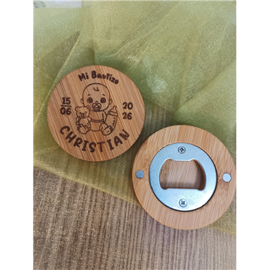 Abridor madera con imán bautizo grabado bebé niño