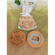 Abridor madera con imán bautizo grabado bebé niño
