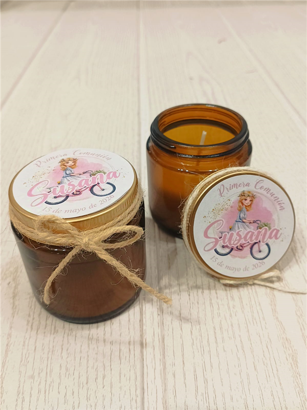 Vela perfumada tarro cristal niña comunión. 