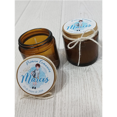 Vela perfumada tarro cristal niño comunión.  