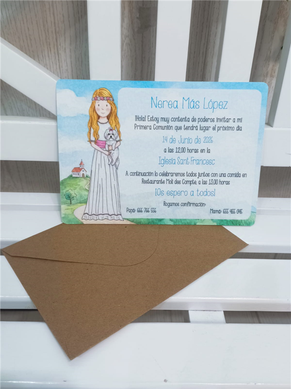 Invitación niña comunión y mascota